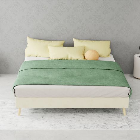 Cadre de lit minimaliste moderne 140x200 cm en velours hollandais beige, sommier bas, sans vérin à gaz, tête de lit ni matelas (1/4)