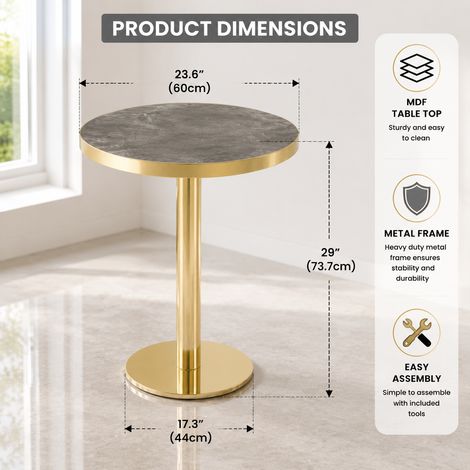 Table d'appoint moderne avec piètement robuste en acier inoxydable doré, plateau aspect marbre UV, table de chevet luxueuse ronde pour salon