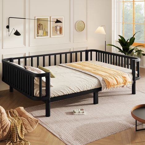 Lit banquette enfant 140x200 cm en métal, lit de jour avec sommier à lattes robuste en acier, cadre métallique pour chambre et salon, noir (1/5)