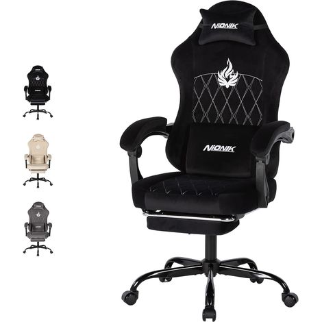 Fauteuil de Jeu, Fauteuil d'ordinateur, Ergonomique, avec Repose-Pieds, Appui-tête réglable, Soutien Lombaire avec Fonction Massage, Rembourrage Moelleux, capacité de Charge de 150kg Noir (1/5)