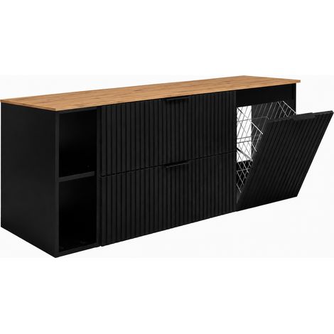 Meuble sous vasque 140 cm avec panier à linge, noir, poignées dorées (1/5)