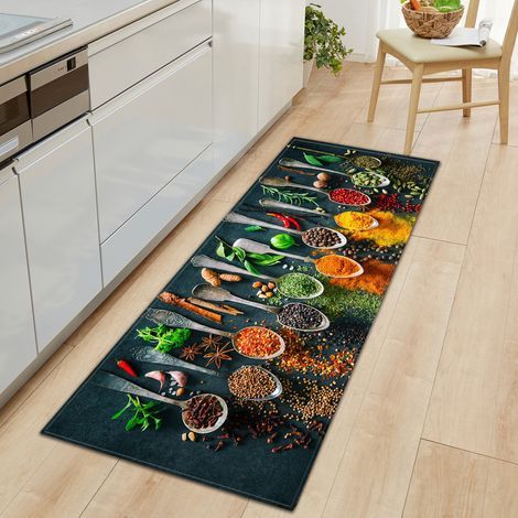 Alfombrilla de cocina, vajilla y especias, 60 x 180 cm, lavable, antideslizante, cómoda, para baño, entrada o suelo de cocina. (1/4)