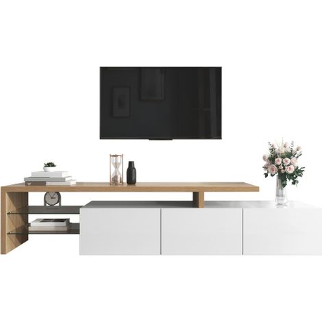 Modernes TV-Schrank-Design: Stilvolle Eleganz, praktischer Stauraum, Hochglanzweiß, Holzoptik, Glasböden, LED-Beleuchtung