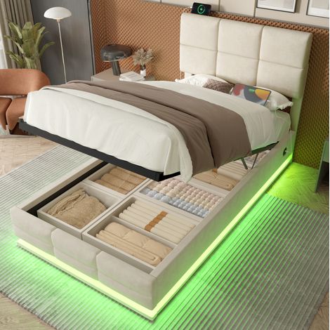 Polsterbett mit Stauraum 90x200 LED Samt Beige OKMYHOME (1/5)