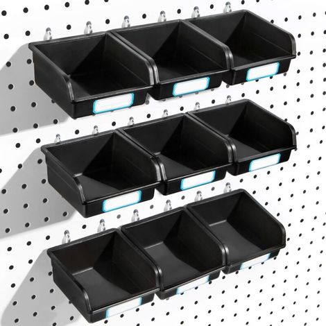 Confezione da 10 contenitori forati con ganci per organizzare gli accessori, neri, 90 x 80 x 45 mm.