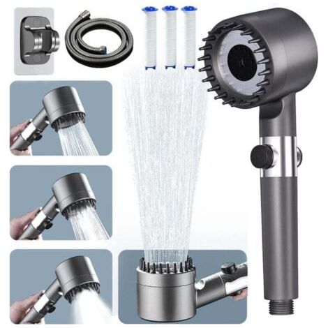 Shower head with 1.5m hose, water-saving shower head with filter, 3+1 spray patterns, eco-friendly shower head, hand shower for hard water, filtered shower head