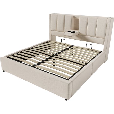 Gepolstertes Doppelbett 160x200 cm Beige mit Matratze, Stauraum, USB-C und USB (1/5)