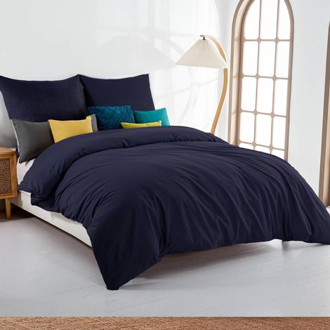 Bettwäsche-Set 140x200 cm Mikrofaser bügelfrei marineblau mit Reißverschluss