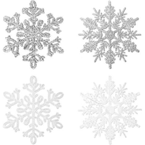 Schneeflocken-Dekoration, 36 Stück. Glitzernde Kunststoff-Schneeflocken. Weihnachtliche Schneeflocken-Ornamente. Dekorative Schneeflocken für Fenster, Weihnachtsbäume und Winterdekorationen. (1/4)