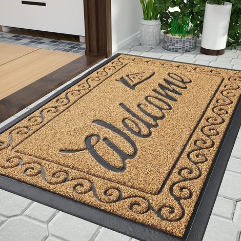 Paillasson Extérieur, 92 x 61 cm, antidérapant, résistant aux intempéries, lavable, paillasson de bienvenue anti-poussière pour porte d'entrée et entrée, Jaune (1/5)