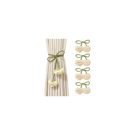 JSSEVN-4 Sujetadores de cortina de cuerda de algodón estilo bohemio con flores de ojales para decoración del hogar (verde, beige) (1/4)