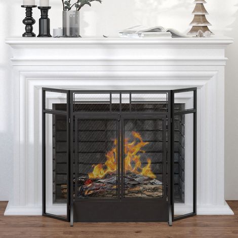 Salvachispas Plegable Pantalla Protectora de Chimenea de 3 Paneles con Doble Puerta y Pies 120x11,5x79 cm Negro (1/5)