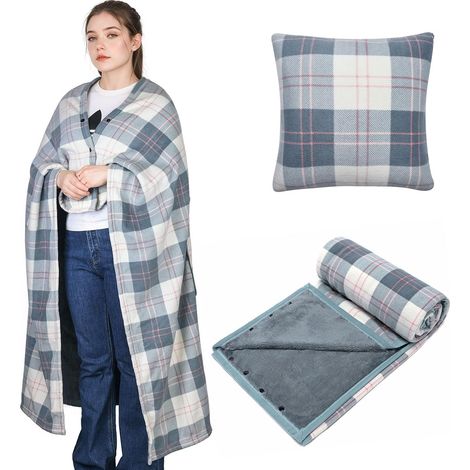 Couverture Portable Oreiller Compact 2 en 1 Couverture de Jour pour Femmes Poncho Polaire avec Bouton Plaid à Carreaux Oreiller pour lit, Canapé, Bureau (1/5)