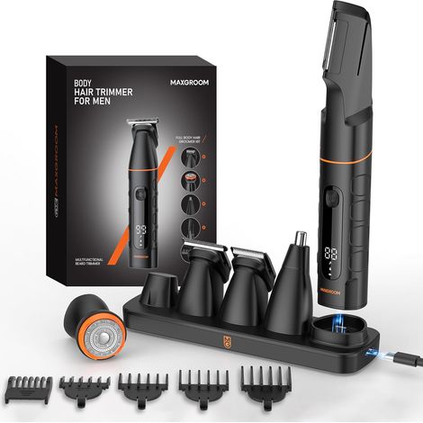 Tondeuse Corps Homme, 5 en 1 Multifonction Rasoir Électriques Hommes, 7000RPM Partie Intime Professionnelle, 120 Mins d'Autonomie USB-C Testicule Kit pour Nez, Jambes Noir-1 - (1/5)