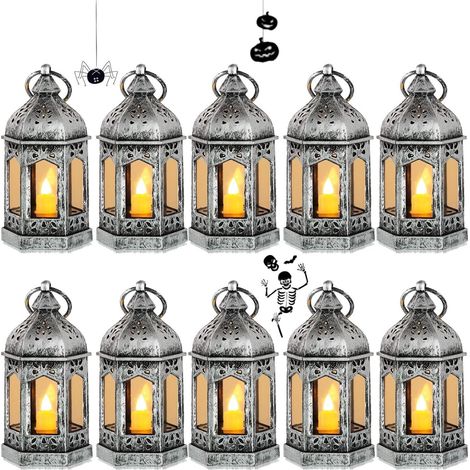 Mini faroles LED para exteriores, velas decorativas para Halloween, Ramadán, bodas y Navidad, juego de 10, color plata. (1/5)