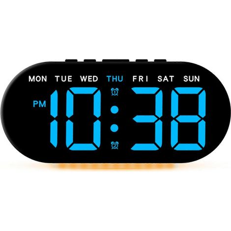 Une élégante horloge de chevet dotée d'un grand écran LED affichant la date, l'heure et la température idéale pour les chambres d'étudiants ou les bureaux boîtier noir avec abat-jour bleu. (1/5)