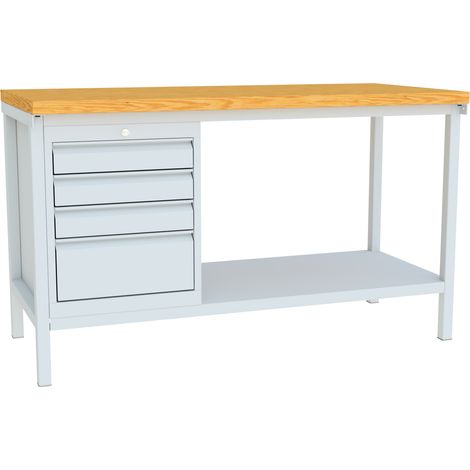 Pavoy Werkbank, 1500x700x900 mm, 1 Schubladenblock, 1 Boden, RAL 7035 (1/4)