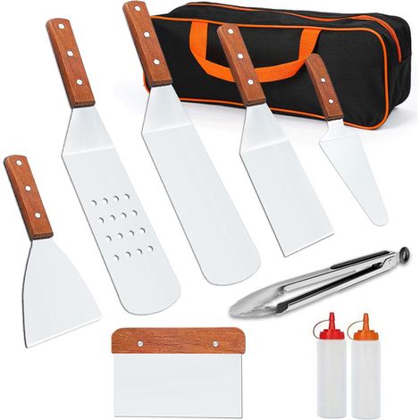4 Ensemble de Spatules pour Barbecue, Spatule Plancha en Acier Inoxydable avec 2 Bouteilles à Presser pour Plaque de Cuisson Grill et Cuisson Dessus Plat (1/5)