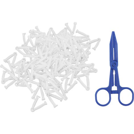 100 pinces ombilicales blanches en plastique pour porcelets, avec 1 pince hémostatique. (1/5)