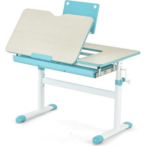 GOPLUS Bureau Enfants Charge 80KG-Table Réglable en Hauteur-Plateau Inclinable & Support de Livre & Tiroir-Poste de Travail Bleu