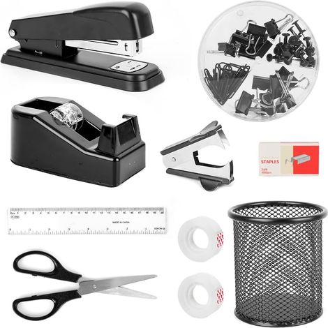 Fournitures de Bureau, Papeterie Accessoire Bureau, Agrafeuse Bureau, avec Agrafeuse, Distributeur de Ruban Adhésif, Ôte-Agrafes,Convient aux Écoles, Bureaux, Fournitures de Rentrée Scolaire (1/5)