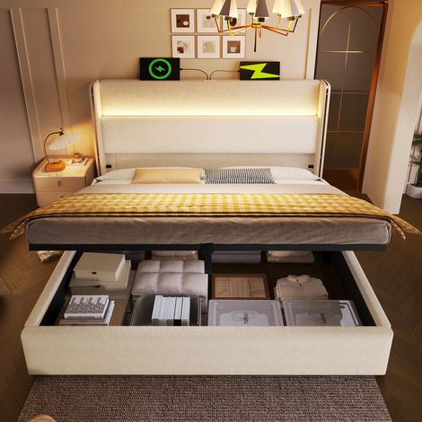 Lit double 140x200 cm 2 personnes Avec éclairage LED,Lit a rangement avec Ports USB/Type-C,Contrôle APP,Beige (1/5)