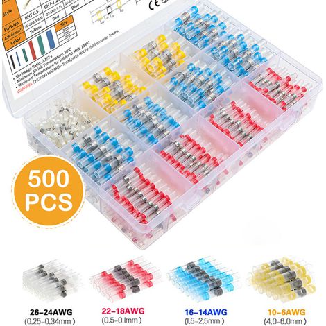 Kit de 500 Connecteurs Électriques Étanches à Souder avec Gaine Thermorétractable, Bagues de Raccordement Sans Sertissage Assorties (Rouge, Bleu, Jaune, Blanc) pour Réparation de Fils Automobiles et D (1/2)