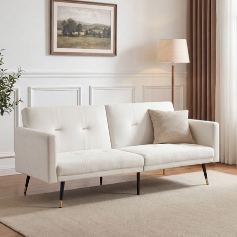 Sofá cama 2 plazas de terciopelo beige reclinable OKMYHOME (1/5)
