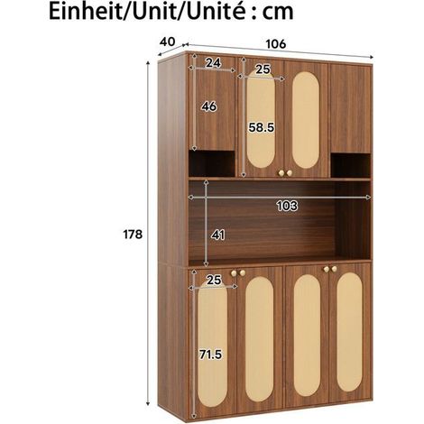 Buffet armoire haute en rotin PE espace bar éclairage LED réglable en couleur rangement vaisselle et provisions (1/3)