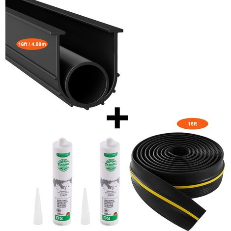 Kit de seuil et joint inférieur de porte de garage, 16 FT en U + joint torique, universel, PVC étanche aux intempéries, avec bande adhésive, noir. (1/5)
