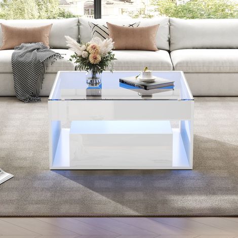 Couchtisch 70 x 70 x 35 cm weiß mit LED, Stauraum, MDF und Sicherheitsglas MEUBLIV (1/5)