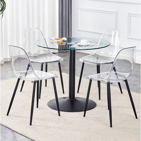 Ensemble table à manger ronde en verre trempé 85 cm avec 4 chaises transparentes, plateau noir et design moderne, pour salle à manger - CHICFURN (1/5)