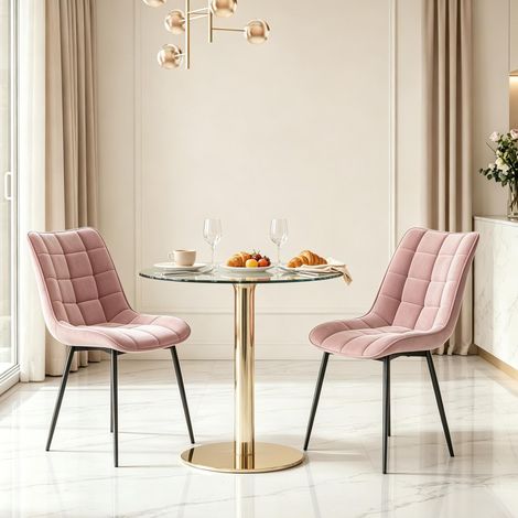 Set de 2 sillas de comedor de terciopelo rosa con respaldo ergonómico y patas metálicas (1/5)