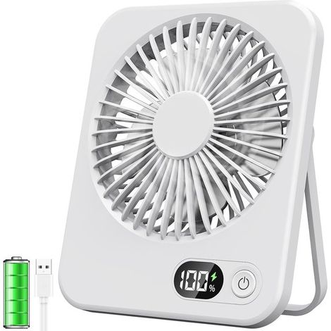 Mini ventilateur de bureau USB, ventilateur portable avec écran LCD, batterie 2500 mAh, silencieux, 5 vitesses, petit ventilateur de bureau rechargeable pour le bureau, la maison ou le camping (blanc) (1/5)