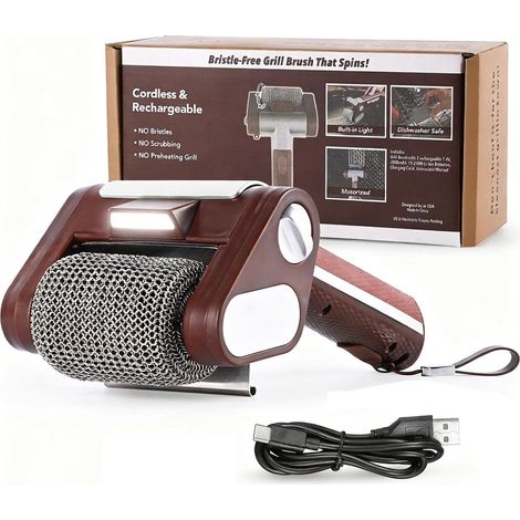 Ulisem - Spazzola per barbecue - Pulitore elettrico senza fili per barbecue da 4000 mAh - Rullo in acciaio inox da 350 giri/min - Luce LED per aree buie - Design senza spazzole (1/5)