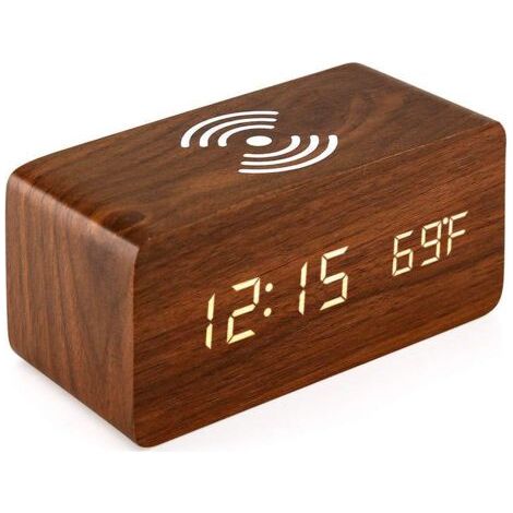 Réveil avec pour Tampon De Charge sans Fil Qi Compatible avec pour Iphone Horloge Numérique LED De Bois Fonction De Contr?Le du Son, Date De L'Heure (1/5)