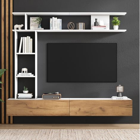 Mobile TV da parete 180x35x150 cm in legno bianco salvaspazio per soggiorno, FloraGrace (1/5)
