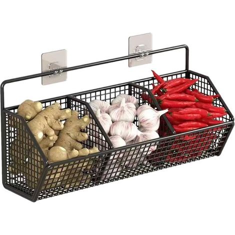 Panier de rangement mural avec crochets - Organisateur de cuisine - Organisateur de plan de travail - Ensemble de cuisine - Panier de rangement - Métal noir (1/5)