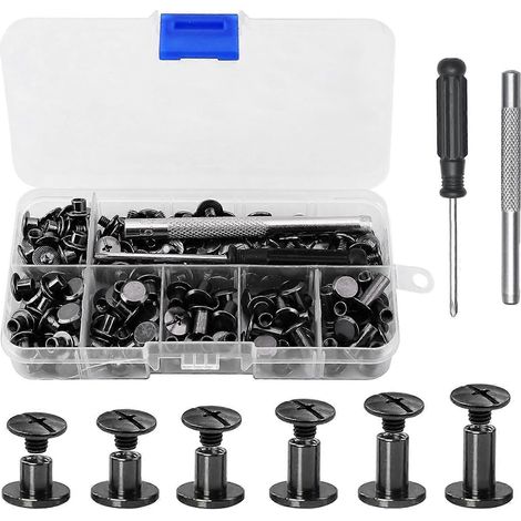 Kit de 110 vis à reliure Chicago assorties, 6 tailles, couleur canon de fusil, rivets pour cuir, kit de rivets de reliure de livres de 4/5/6/8/10/12 mm avec poinçon. (1/5)