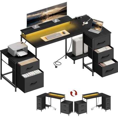 WOLTU Scrivania angolare girevole a L scaffale con LED 5 Cassetti e 2 Ripiani Nero (1/5)