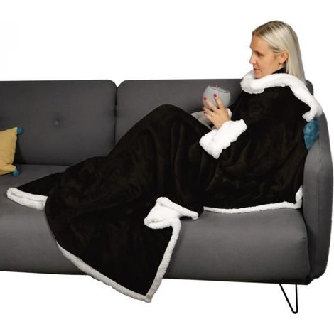 1 pièce Couverture polaire avec manches, sherpa et flanelle, plaid adulte 140 x 210 cm, noir, pour canapé ou cheminée