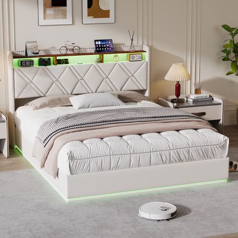 Lit Coffre 160x200cm avec LED et Port USB, tête de lit avec Étagères Ouvertes et Rangement Caché, Lit Double avec sommier à Lattes,Cadre de Lit en tissu lin Beige, Lit 2 Personnes,sans Matelas