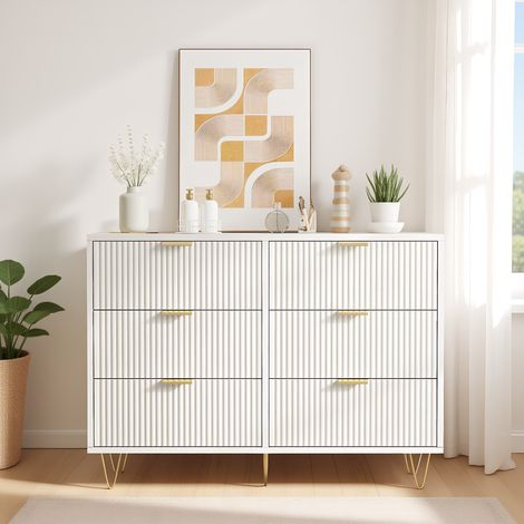 BLANKETSWARM - Commode 6 tiroirs en bois, Meuble chambre adulte – Rotin tressé – Poignées métal doré – 100x34x73 cm