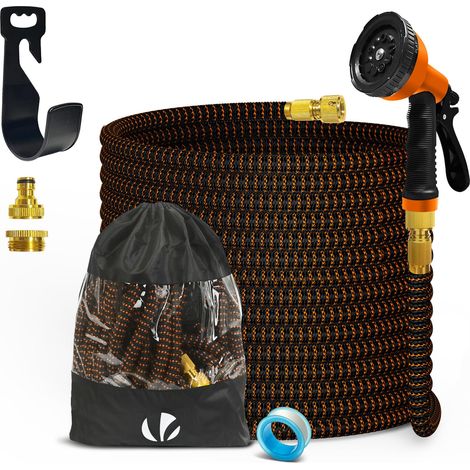 Tuyau d'Arrosage Extensible 15m Renforcé Adaptable 1/2" et 3/4" 10 Modes de Pulvérisation Flexible et Anti-Fuite Raccord et Sac de Rangement Fournis Orange (1/5)