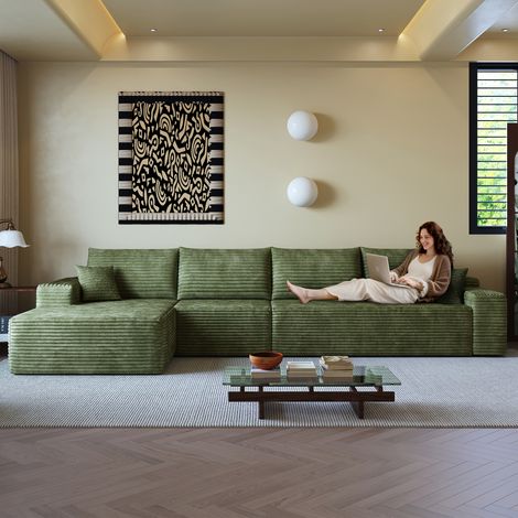 Sofá modular de 4 plazas de pana con chaise longue izquierda, sin montaje, verde