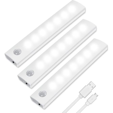 Lumière de Placard,3pcs Lampe Placard,Lampes 12 LED,Sans Fil, Rechargeable par USB, Aimanté, Détecteur de Mouvement, Baladeuse de Secours, Veilleuse Enfant[Classe énergétique A++]