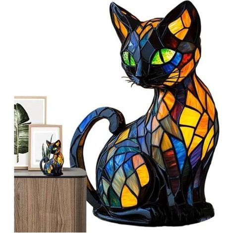 Nachtlicht aus Buntglas, Tiermotiv - Vintage-Katzenlampe aus Buntglas, handgefertigtes Nachttisch-Nachtlicht