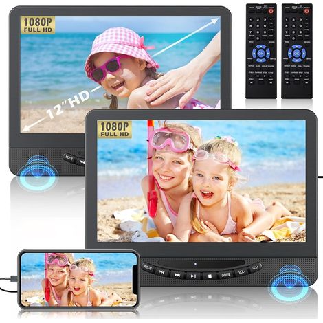 Lecteur DVD Voiture 12'' 2 Écrans Lecture Matique d'Un Même Film Ou De Deux Films Différents, Écrans d'Appuie-Tête HDMI 1080p, Batterie Rechargeable 5 Heures (1/5)