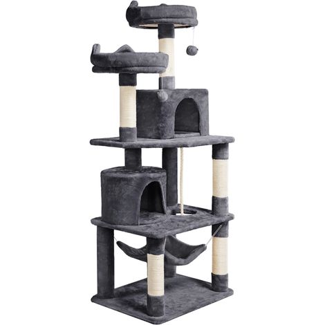 Yaheetech Tiragraffi Albero per Gatti Adulti 61 x 49 x 158 cm con Giocattolo per Gatto 2 Palle Cuccia Graffiatoio in Corda Sisal Naturale Scuro Grigio (1/8)