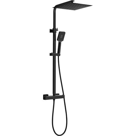 Colonne de Douche Noir Thermostatique, Square Ensemble de Douche pour Salle de Bain, Mitigeur Douche Thermostatique, Douchette 3 Jets, Tête de Douche, Hauteur Réglable 80-125cm, Noir (1/5)